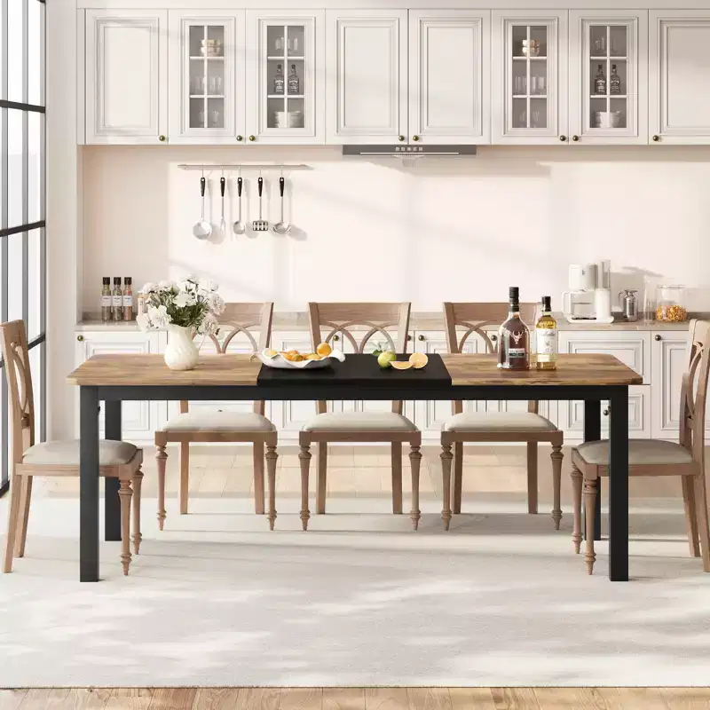 Dining table, 78 inches, seats 6-8 people, industrial style metal frame, rectangular design, suitable for use in kitchen, dining room and living room