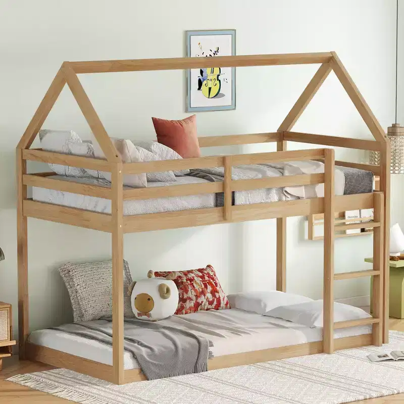 Twin Rubber Wood Floor BUnk Bed with Ladder, Guardrails, House Shaped Bunk Bed Beige