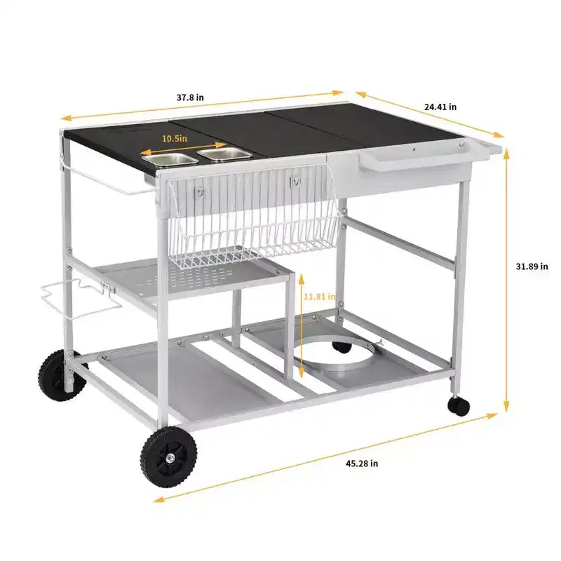 Karl Home 4-Wheel Silver BBQ Cart Stainless Steel Top with Seasoning Tray