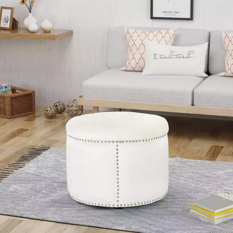 TUYOHW 22 Modern Round Ottoman Velvet Vanity Stool with Button Tufted Entryway Bench with Nailhead Foot Stool for Living Room, Entryway