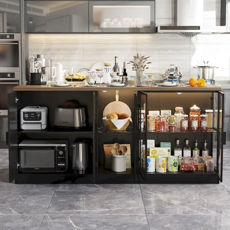 Kitchen Island with Drawers & Glass Cabinets, Converts to Office Desk