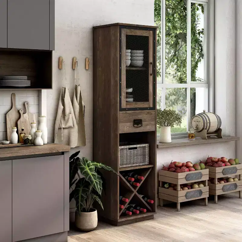miBasics Stormquiet Farmhouse 1 Drawer Tower Cabinet with Wine Rack and Shelves
