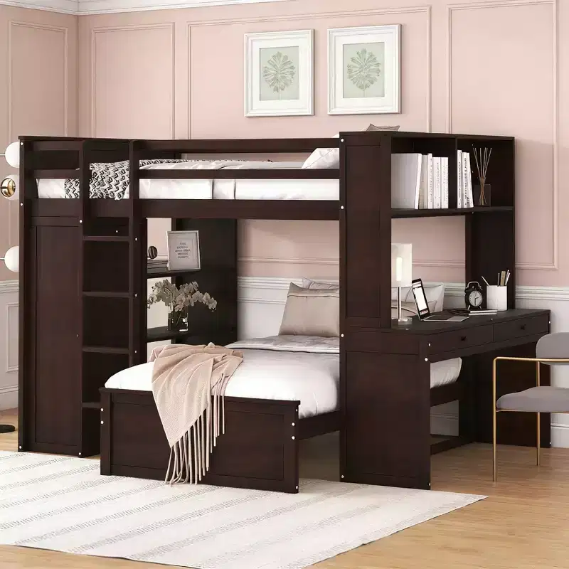 Luxystar Full over Twin L Shaped Bunk Bed with Desk, Bookcase and Wardrobe