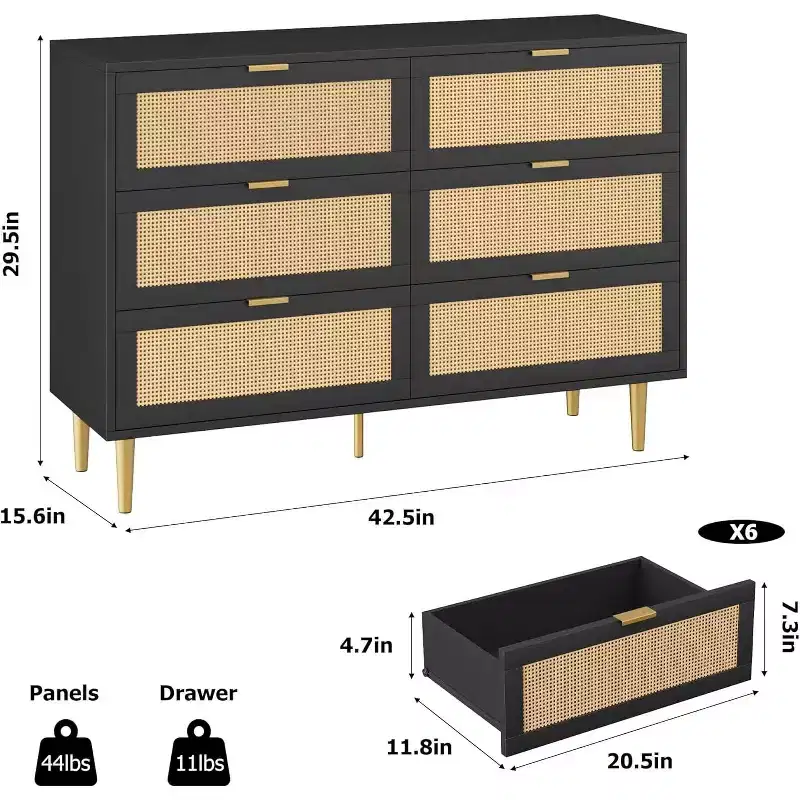 Rattan 6 Drawer Dresser for Bedroom, Chest of Drawers with Gold Legs and Gold Handles, Wide Double Dresser with Table top and Anti-Tipping Design