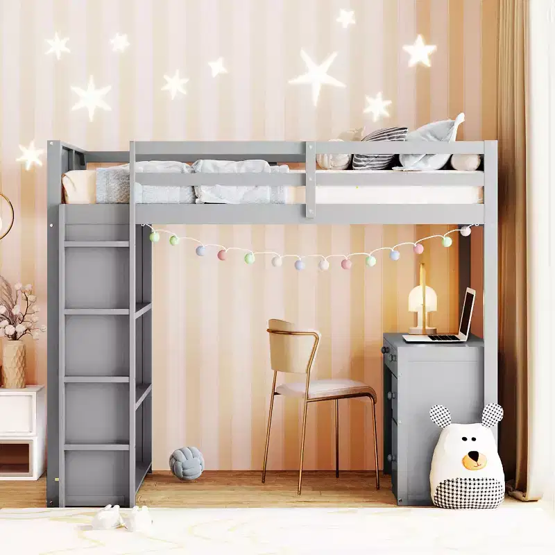 Twin/Full Size Loft Bed with Ladder, Shelves and Desk with Drawers