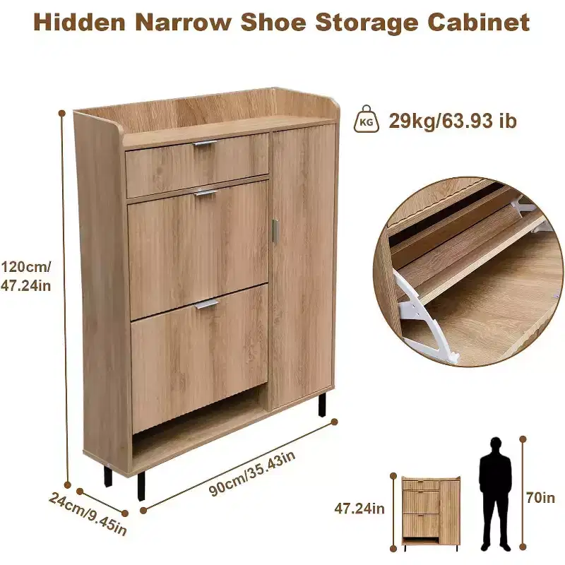Shoe Cabinet with 2 Flip Drawers, Narrow Entryway Shoe Storage Cabinet with Side Door, Drawer & Metal Legs