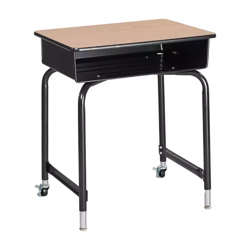 Mobile Open Front Desk with Metal Storage Book Box, Classroom Furniture, Oak