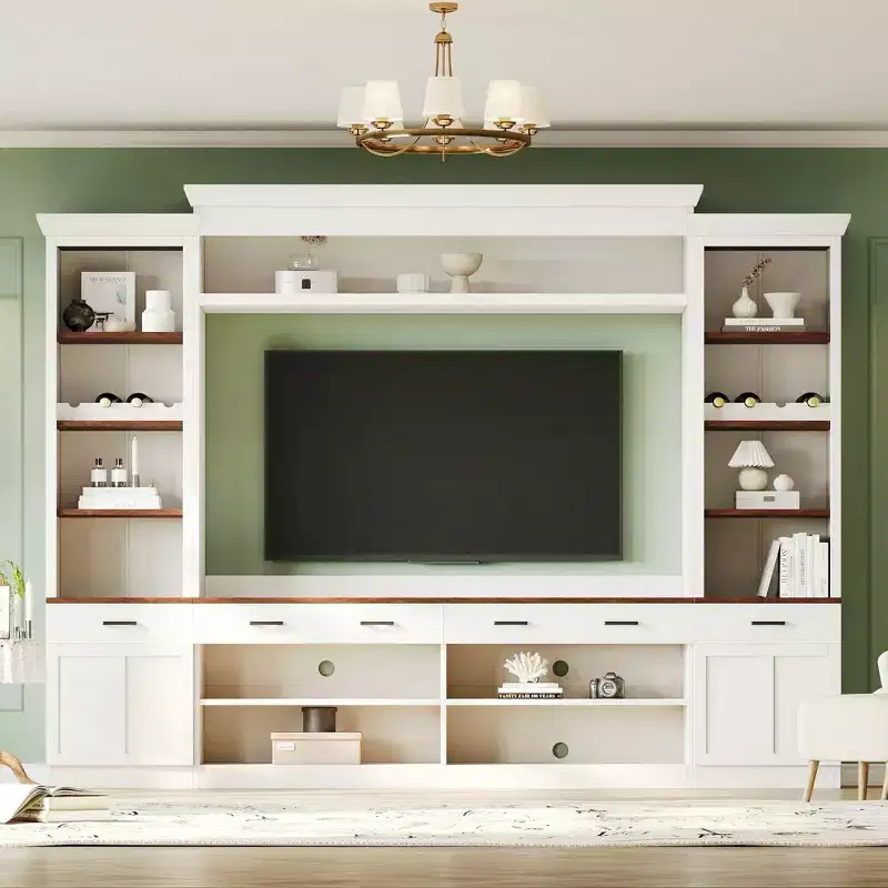 Clihome Farmhouse 4-Piece Entertainment Center TV Stand with Bookshelf and Wine Rack for Living Room