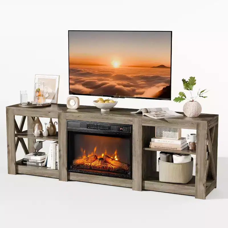 Fireplace TV Stand for up to 80 inch TVs, Farmhouse Entertainment Center with Electric Fireplace Heater & Adjustable Shelves