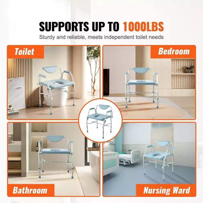 Bedside Commode Chair with Drop-Down Arms, 1000 lbs Capacity, 5-Level Height