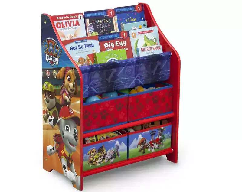 Kids Bookshelf & Toy Organizer with 4 Fabric Bins, 2 Book Tiers, Colorful Design