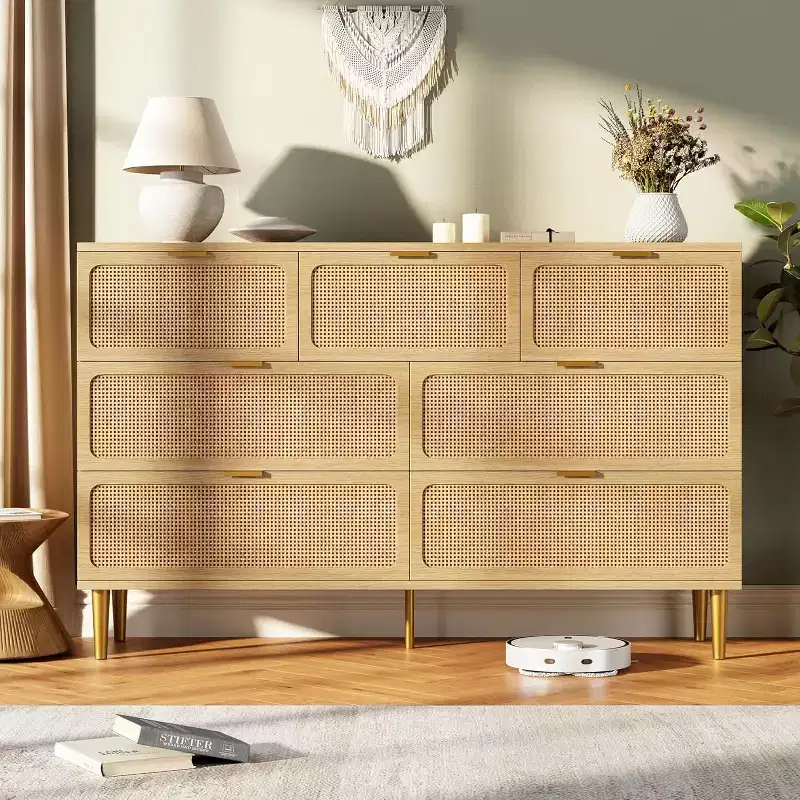 Rattan 7 Drawer Dressers for Bedroom, Tall Dresser with Deep Drawers, Large Chest of Drawers for Closet with Wide Top, Wooden Dresser for Living Room