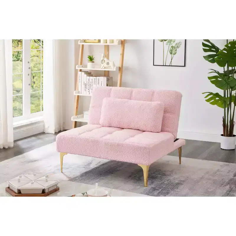 MAYEERTY Comfortable Teddy Fabric Futon Single Sofa Gold Metal Legs, Foam & Spring for Living Room Pink