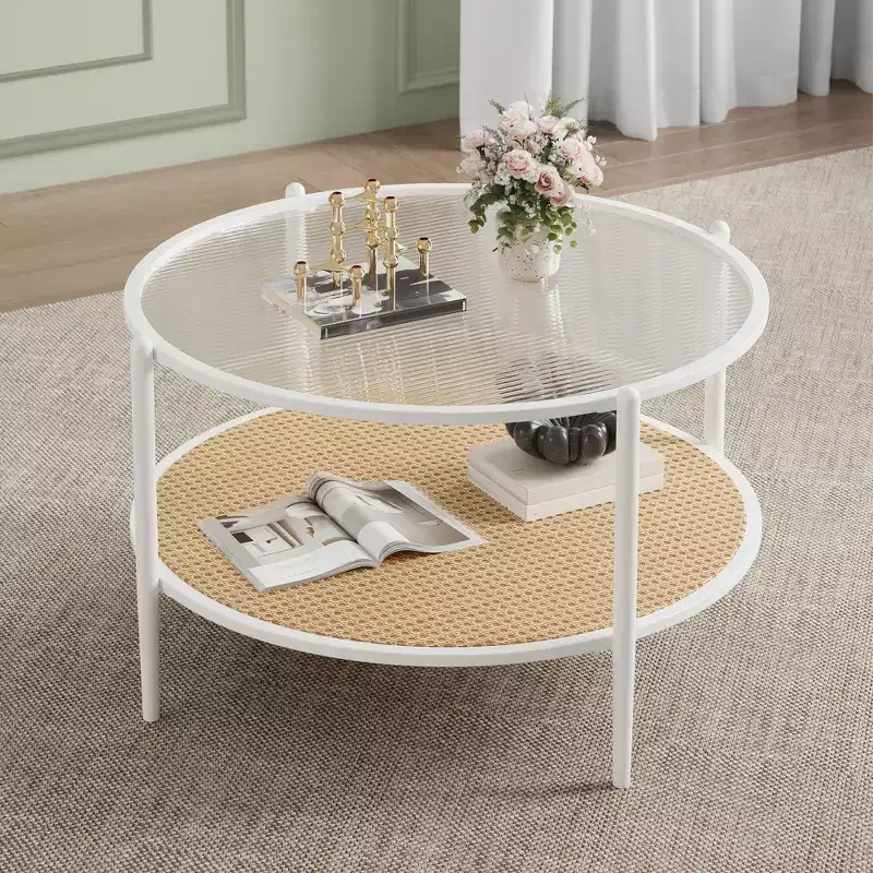 30 Rattan Coffee Table, 2 Tier Wooden Round Center Table with Tempered Glass Top, Farmhouse Cocktail Tea Table for Living Room Bedroom Office