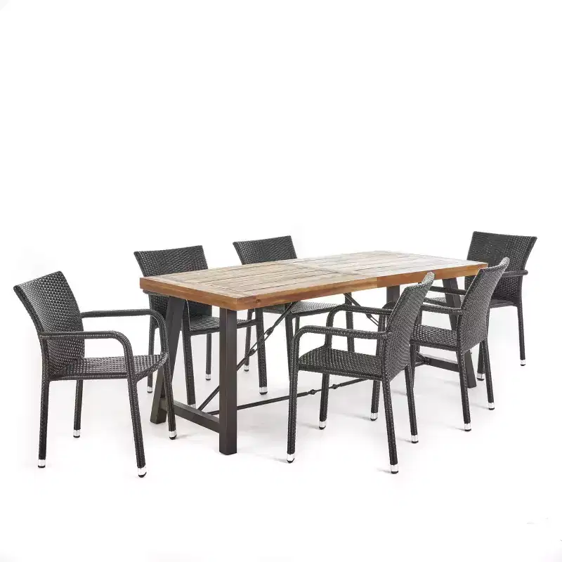 Spencer 7pc Wood & Wicker Dining Set - Brown - Christopher Knight Home: Weather-Resistant, Aluminum Frame