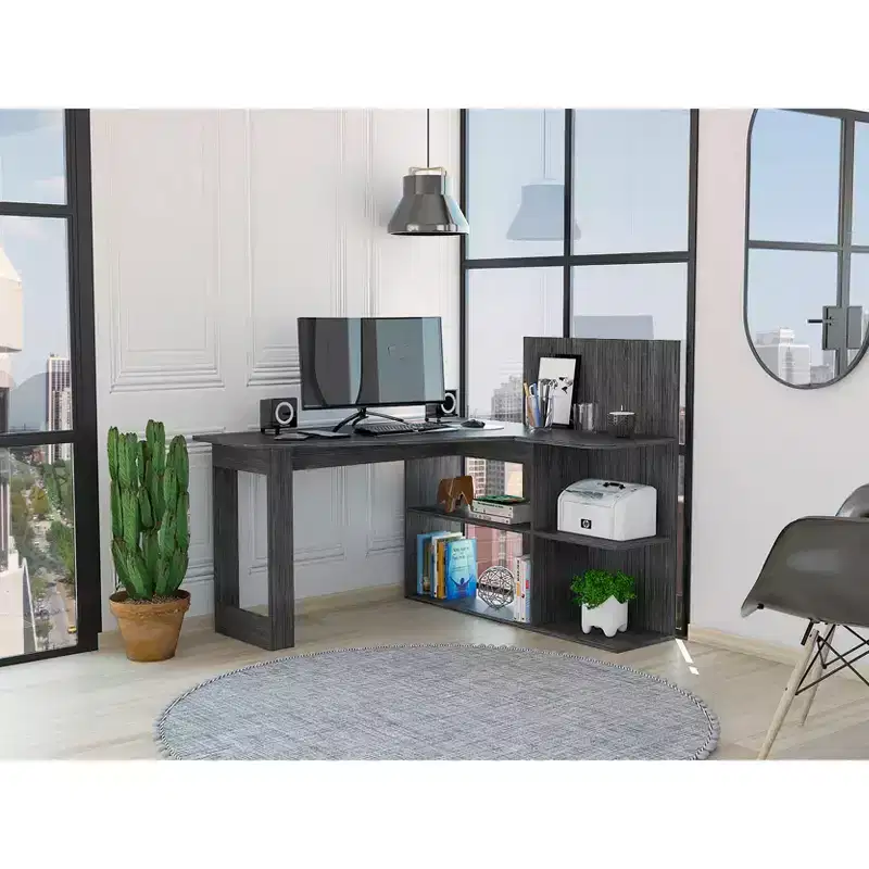 L-Shaped Corner Desk with 4 Open Shelves
