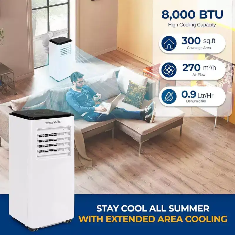 SereneLife SLACP803 Portable Air Conditioner with Dehumidifier & Fan  8000 BTU (White & Black)