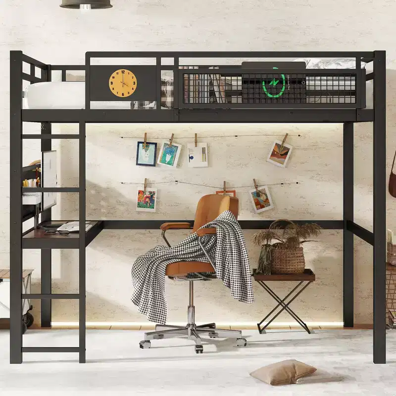 Bellemave Metal Loft Bed with Desk & Pegboard, Built-in Clock & Charging Station, Storage Basket, Space-Saving Modern Frame, Twin XL & Full Sizes