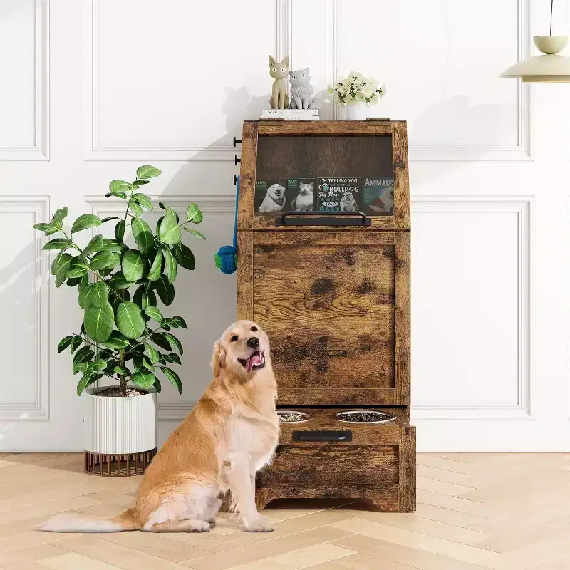 Dog Feeding Station with Raised Bowls, Storage Cabinet & Hooks for Supplies, Brown
