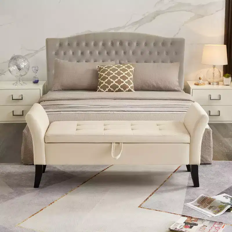 51.5'' Upholstered Storage Ottoman Bench With Arms Tufted Bed Bench Entryway Bench With Storage Velvet End Of Bed Bench, Beige