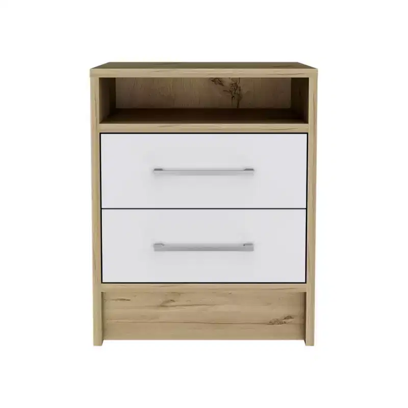 With a clean modern design, this Eter Nightstand , End Table, Side Table Superior Top, Two Drawers -White / Light Oak provides practical storage.