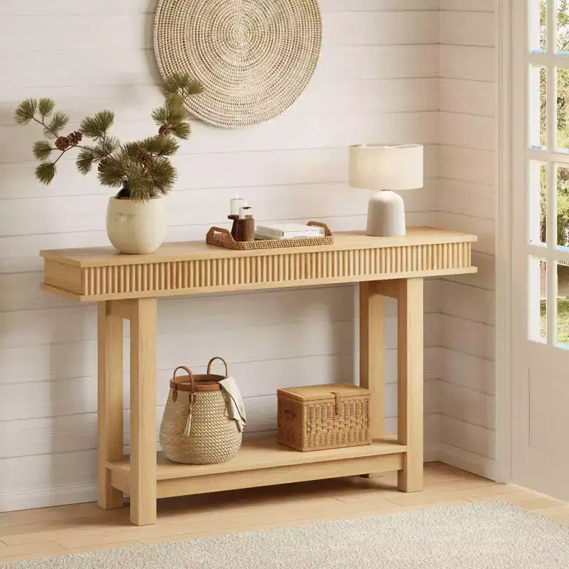 Fluted Wooden Console Table Farmhouse 2 Tier with Shelf Storage Rectangular Narrow Entryway Table Behind Couch for Foyer Hallway Living Room