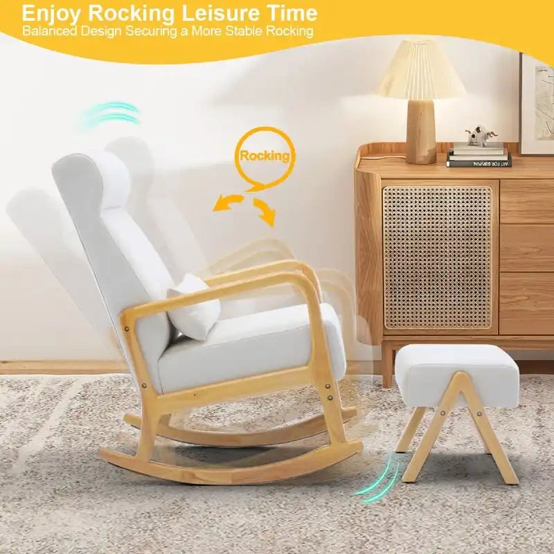 25.2 Wide Reclining Rocker Chair with Ottoman - High Back Rocking Chair, Soft Linen Fabric, Ergonomic Design