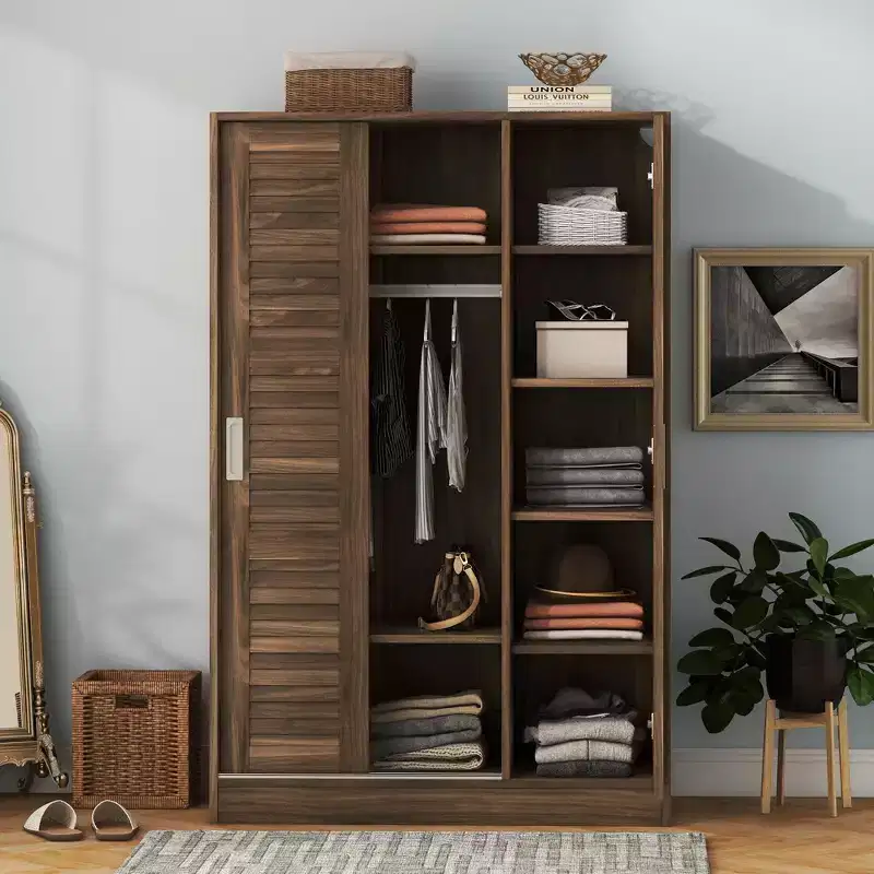 Whisen Wood 3-Door Shutter Wardrobe Armoire with Hanging Rail and Storage Shelves