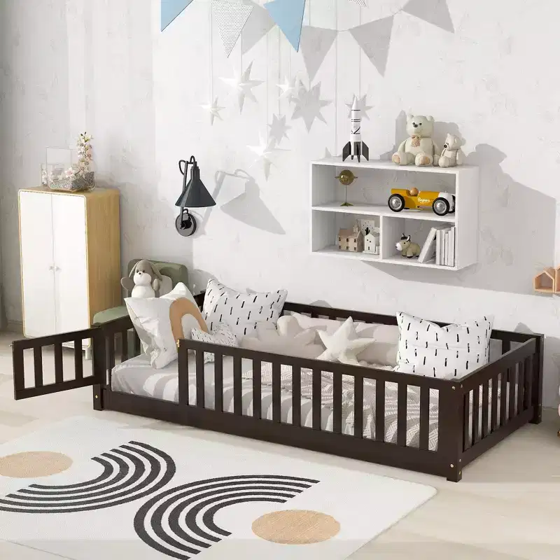 Twin Size Toddler Floor Bed for Kids, Modern Wood Montessori Bed with Safety Guardrails and Door for Bedroom