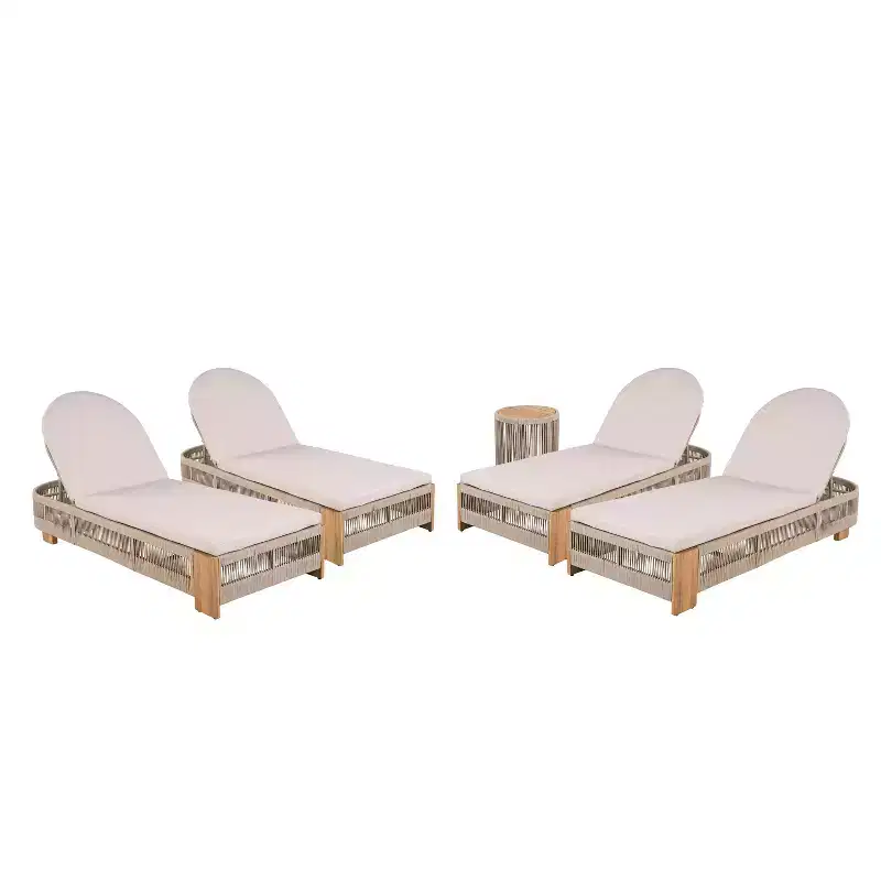 Christopher Knight Home Lariya 5 Piece Outdoor Acacia Wood Chaise Lounge Chat Set with Cushions and Side Table