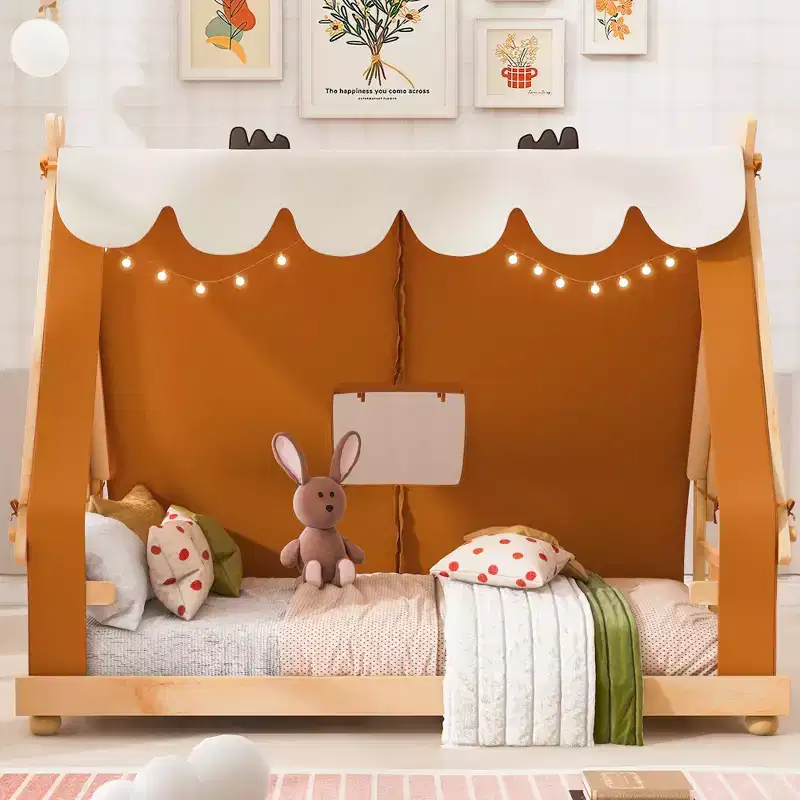 Twin/Full House-Shaped Floor Canopy Beds with Tent & Light Decor,Platform Bed Frame for Kids,Teens,No Spring Box Needed
