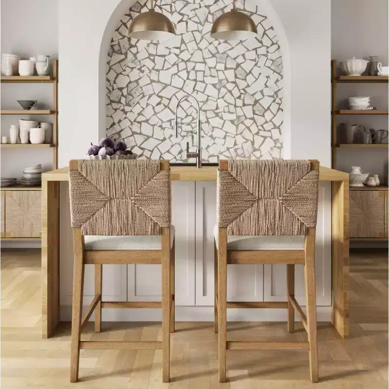 Set of 2 Seagrass Counter Height Barstools Cream Boucle