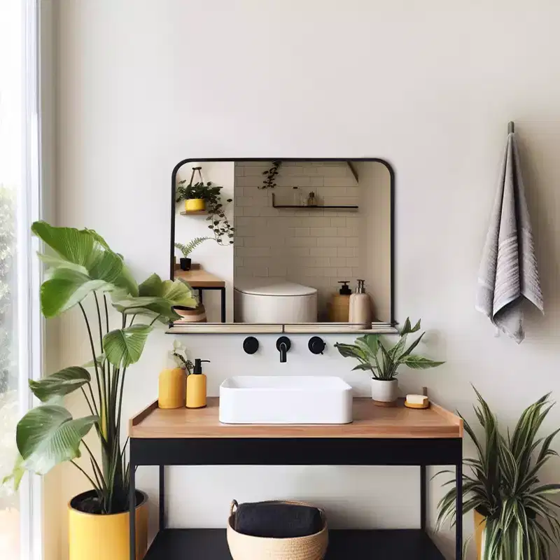 Metal & Glass Mirror with Mango Wood Shelf - Modern Rectangular Wall Mirror for Bathroom, Bedroom, Living Room, or Office