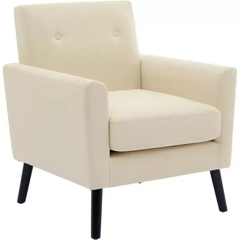 Accent Chair with Linen Fabric, Upholstered Armchair with Wood Legs & Thick Cushion