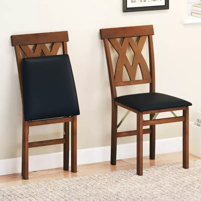 Costway Folding Kitchen Chairs Set of 2/4 with Rubber Wood Frame Padded Seat with PVC Leather White/Brown