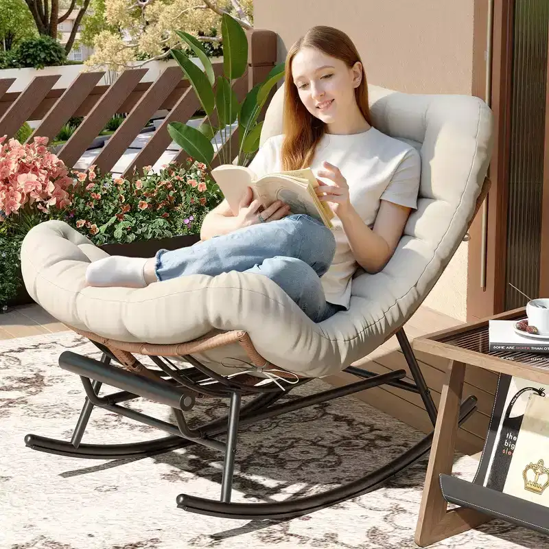 Oversized Rocking Chair with Footrest, Upholstered Lounge Chair with Metal Frame, Patio Reclining Chair for Patio Backyard Bedroom Garden