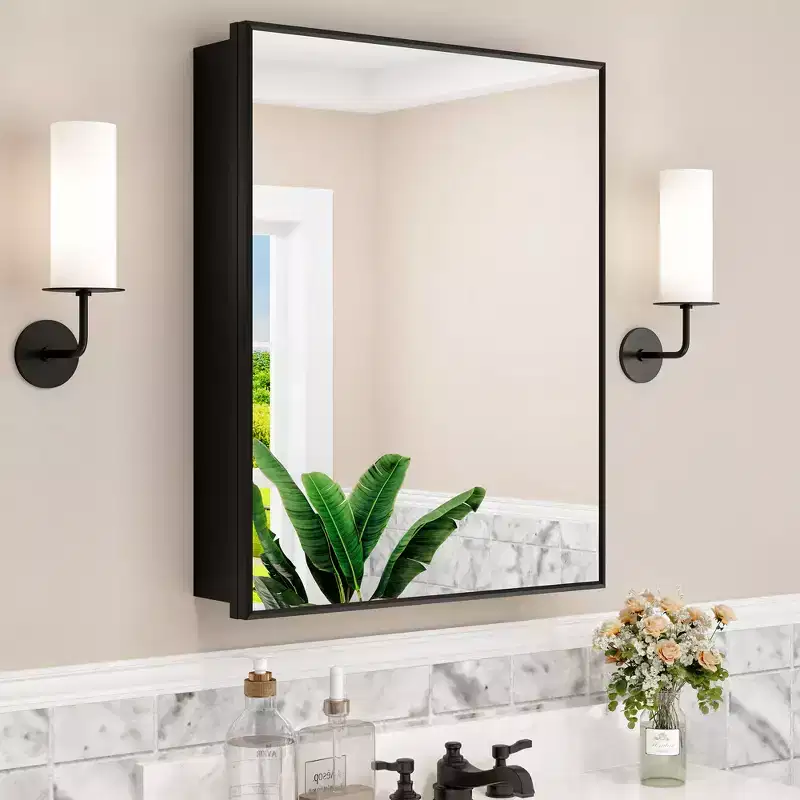 Recessed or Surface-Mount Bathroom Medicine Cabinet with Mirror, Adjustable Tempered Glass Shelves & Reversible Door