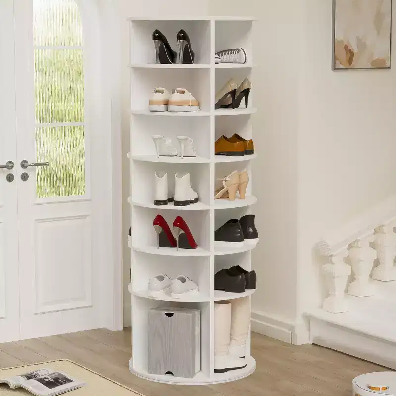 Rotating Shoe Rack Tower, Freestanding 360 Rotating Storage Stand, Elevated Base Design Shoe Tower with Rotating Storage Tray - White