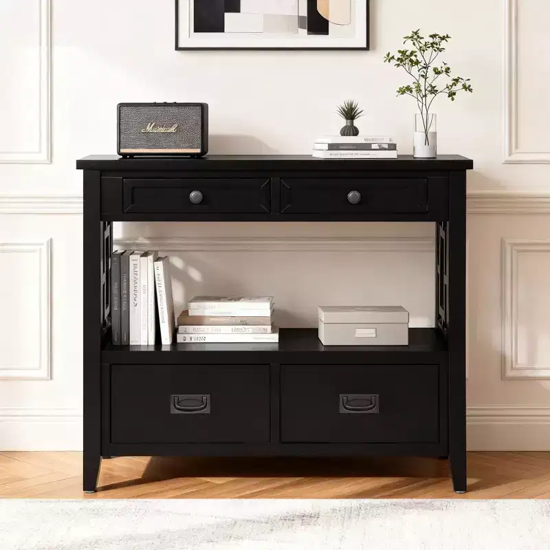 Hostack 36'' Farmhouse Wood Console Table with 4 Drawers and 1 Storage Shelf for Entryway and Living Room , Black