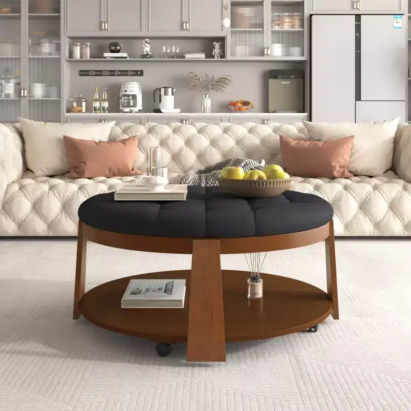Round Ottoman Coffee Table, Large 2-Tier Button Tufted Upholstered Coffee Table with Wheels, Waterproof Fabric Footrest Ottoman for Living Room