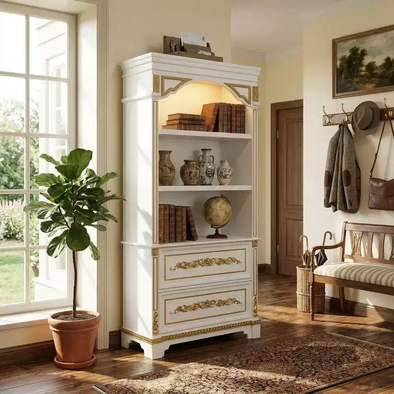 White Decorative Storage Cabinet with LED Spotlight and Ornate Gold Carvings for Living Room & Entryway