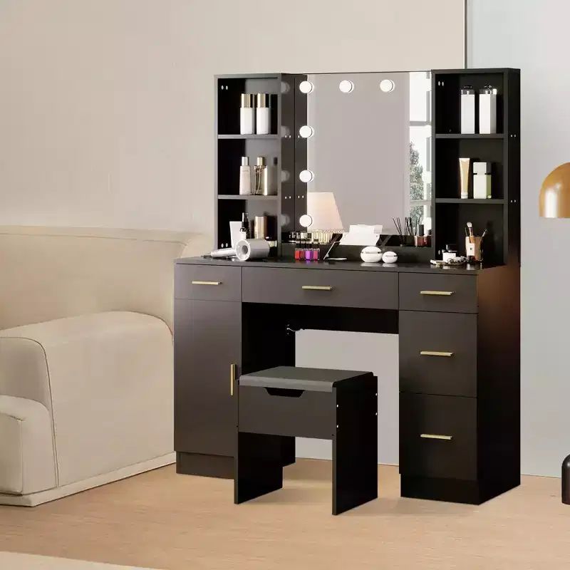 Farmhouse Makeup Vanity Table Set with Lighted Mirror,55.7 Modern Vanity Desk with Power Outlet&Storage Shelves,Dressing Table for Women & Girls