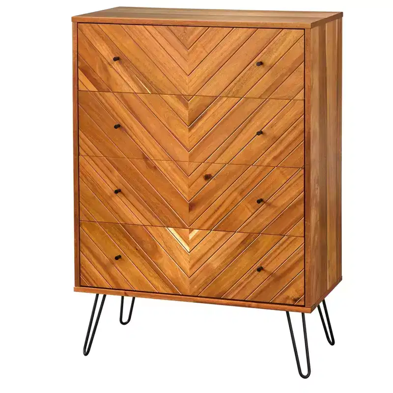 4-Drawer Chest Oak Chevron Acacia Veneer Hairpin Legs 47.3