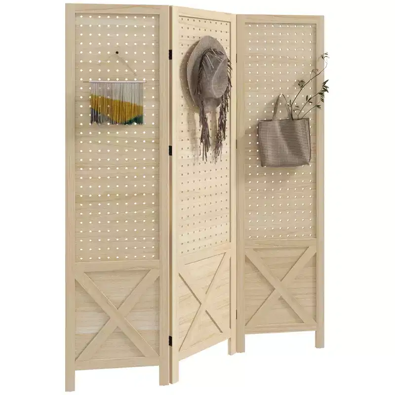 HOMCOM 4.7' Room Divider with Pegboard Display for Indoor, Natural