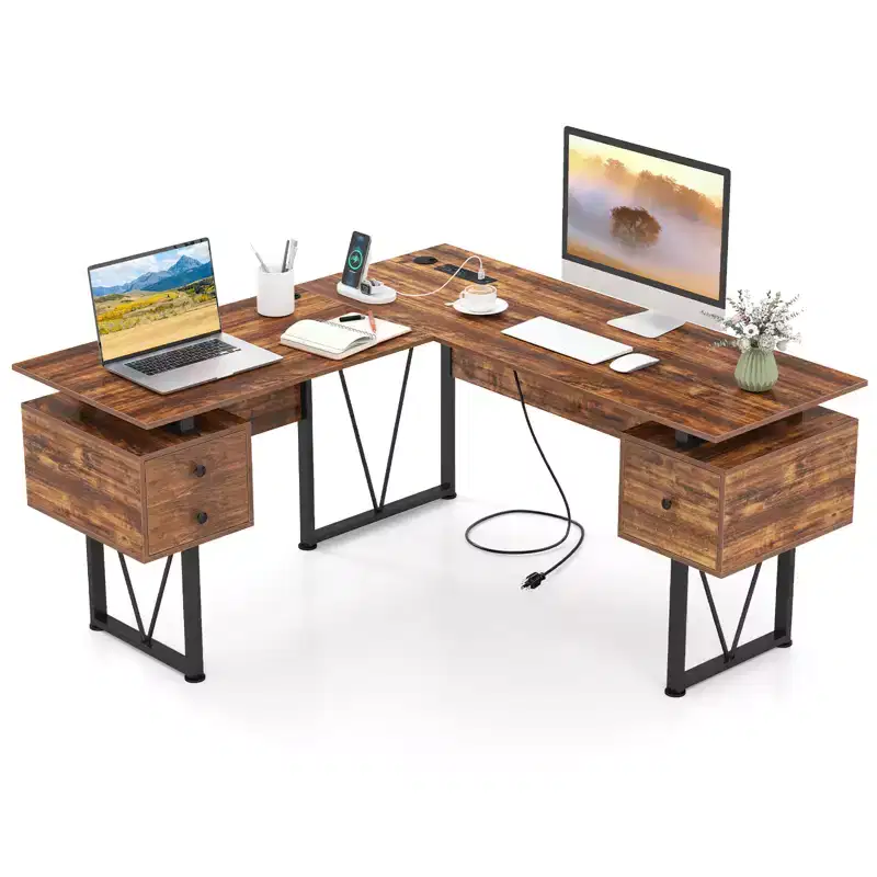 Costway 59 L-shaped Computer Desk with Power Outlets and 3 Storage Drawers Industrial Computer Workstation with Heavy-duty Metal Frame Rustic Brown