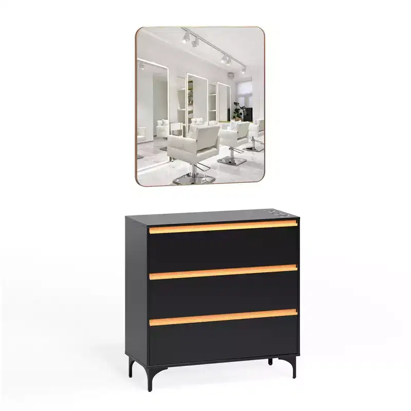 Black Salon Styling Storage Station with Square Mirror and 3 Drawers