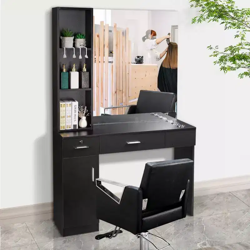 Black Red Wall Mount Barber Station with Mirror