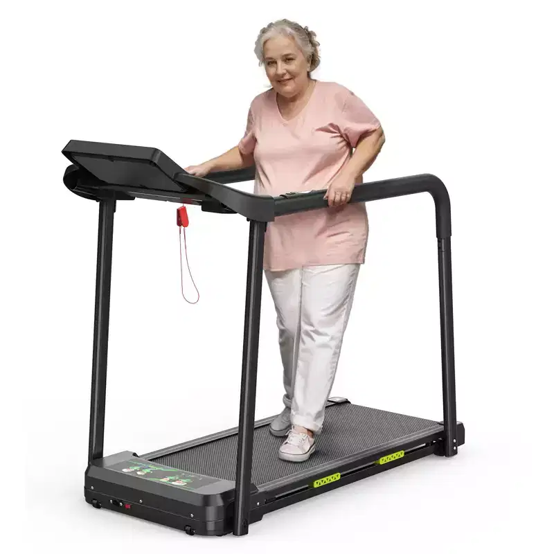 Okak Walking Pad Treadmill for Senior, Foldable Treadmill with Long Handrail for Balance, Treadmill with Large LED Display, Black