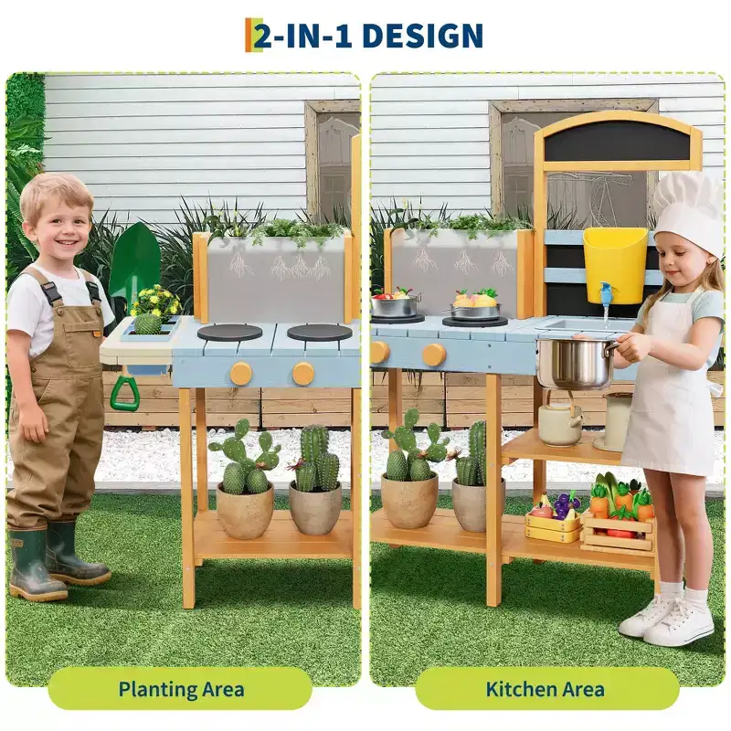 Mud Kitchen for Kids Outdoor Play Kitchen with See Through Planter Box & 2 Side Plant Pots Storage Shelves  Pretend Stove Ideal Gift for Kids 3-8