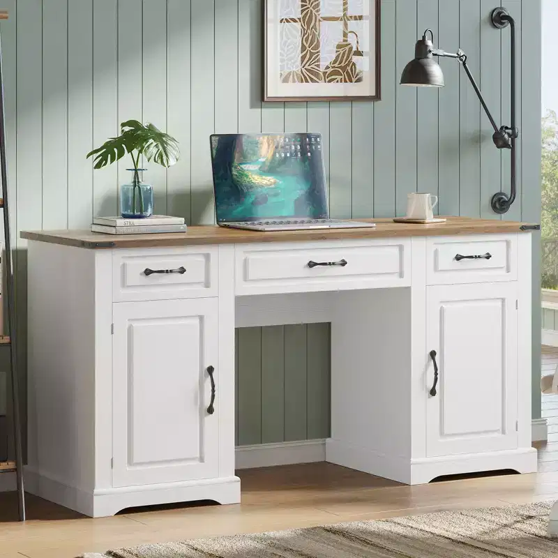 60 Executive Desk with Drawers, Farmhouse Home Office Desk with Storage Cabinets, Rustic Computer Writing Desks, (Antique White-1)